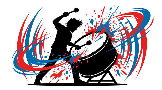 Silhouette of energetic drummer playing large drum with colorful paint splashes vector illustration