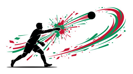 Soccer goalkeeper silhouette throwing ball with red and green paint splashes vector illustration