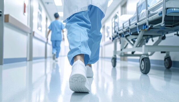 病院の明るい廊下で、ストレッチャーを搬送する医療スタッフが走る緊急医療の瞬間。
低い視点から医療シューズの動きと足元の躍動感を捉えたリアルな医療現場。
白い照明が磨かれた床に反射し、スピード感と緊張感が伝わる構図。