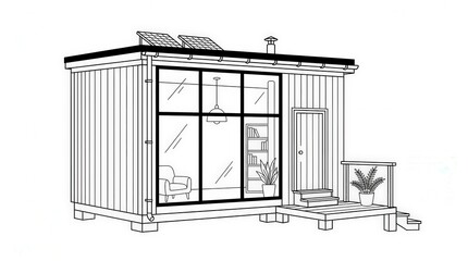 Fototapeta premium Black and white drawing depicting a small Artisan modern modular house with rooftop solar panels and a wooden porch for eco friendly living