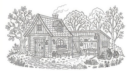 Obraz premium Charming rustic Artisan cottage and detailed workshop with tools, a bicycle, and firewood in a tranquil natural setting line art drawing