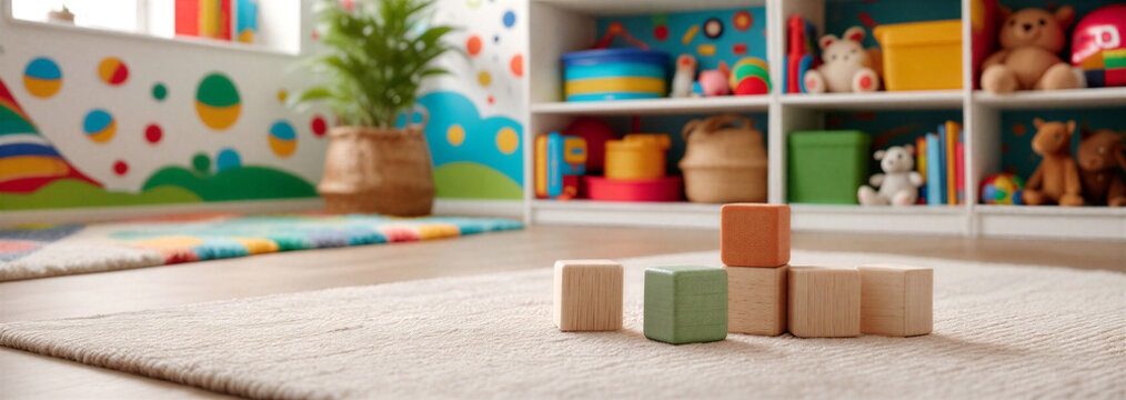 Colorful childrens playroom with wooden blocks and toys on the floor