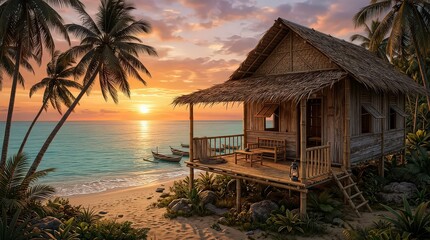 Rustic bamboo beach bungalow on a sandy tropical shore at sunset with warm sky and tranquil ocean alongside waving palm trees