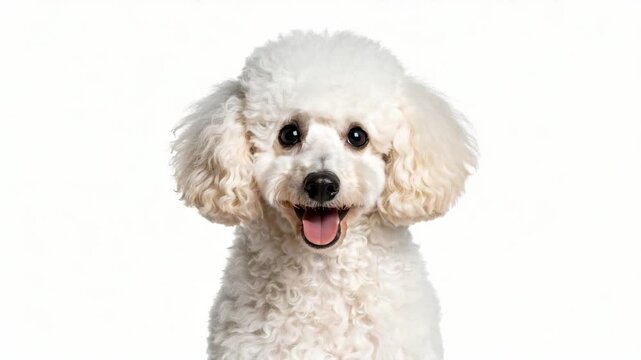 Close-up portrait of a happy white toy poodle with curly fur against a white background