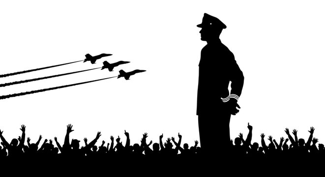 Silhouette of a General Watching Airplanes and Crowd