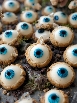 Creepy dessert buffet with eyeball jellies monster cookies