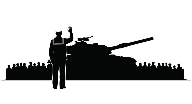 Silhouette of Soldier Waving to Crowd with Tank