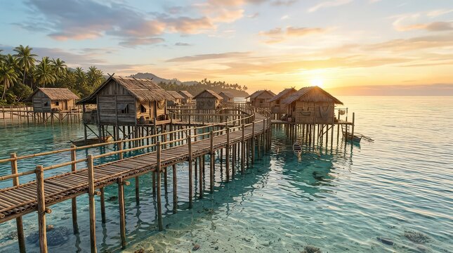 Tropical Bajau stilt houses stand over clear turquoise ocean water at sunset, forming a picturesque village connected by wooden walkways on a serene island paradise