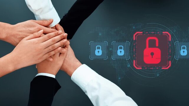 This image illustrates a collaborative effort in cybersecurity, featuring diverse hands on top of each other, symbolizing unity in protecting digital information against threats. Raster