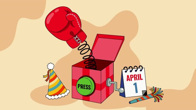 April Fools Day concept featuring a surprise prank box with a spring boxing glove popping out, along with party hat and calendar showing April 1. Symbol of humor, jokes, fun celebration