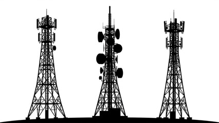 Obraz premium Silhouette of telecommunication towers and radio antennas isolated on white background