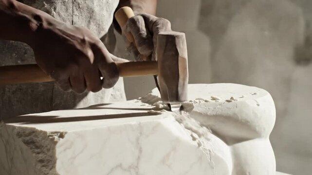 Close-up of hands chiseling white marble.