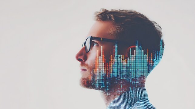 A double exposure image of a man wearing glasses with a city skyline and digital data patterns blending into his profile.