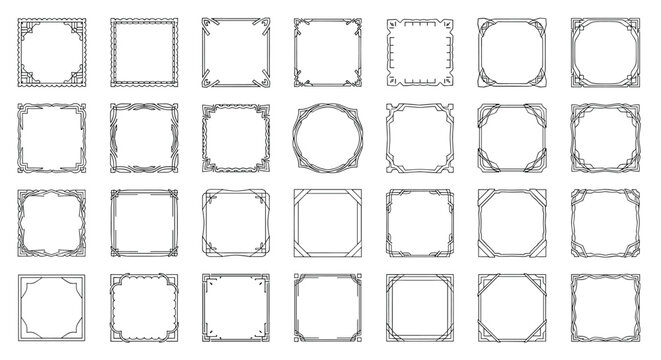 Set of 28 ornate square and rectangular border frames with various decorative corner patterns and vintage line art styles in black and white.