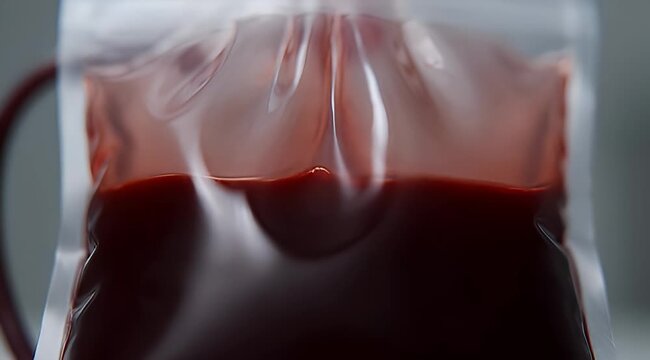 Dramatic closeup of a blood bag filled with dark red blood