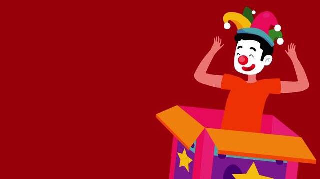 Funny clown wearing a colorful jester hat popping out of a surprise box on a bright background. Playful concept for April Fools Day featuring humor, jokes, laughter, and festive entertainment.