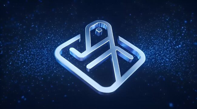 Futuristic silver logo on a dark blue background with sparkling particles
