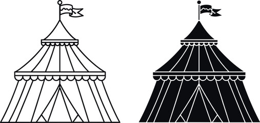 Circus tent vector illustration with outline and solid silhouette styles isolated on light background for carnival festival design © Jesika!