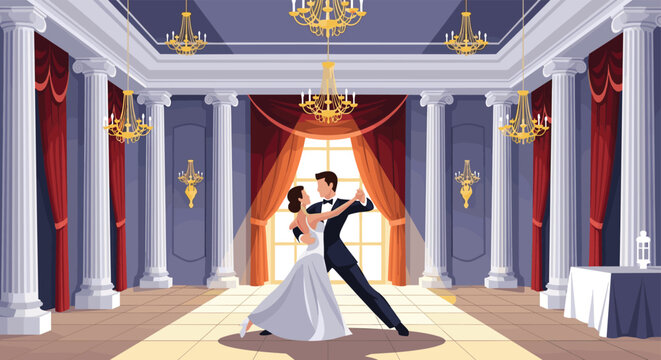 Elegant couple in formal attire performing a romantic dance in a grand luxury ballroom with high ceilings, columns, and golden chandeliers.