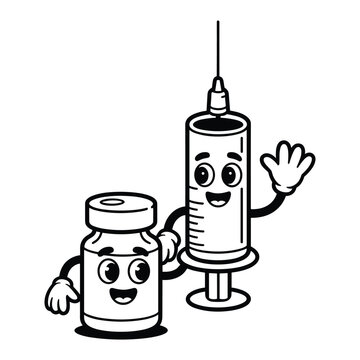 Cute cartoon syringe and medical vial characters smiling and waving isolated on transparent background