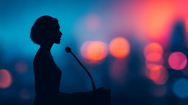 A silhouette of a woman speaking at a podium with a microphone against a colorful, blurred background with bokeh lights.
