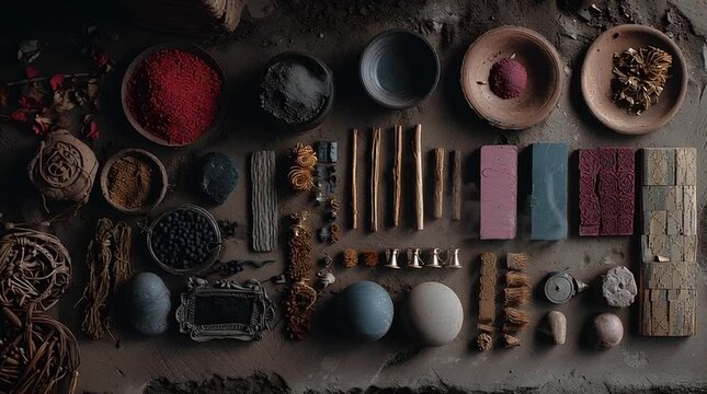 Earthy still life of natural pigment clay bowls dried herbs spices and rustic tools arranged neatly with moody aromatic textures and handcrafted