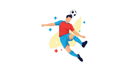 Athletic soccer player jumping to head a football with stars and abstract shapes in dynamic sport illustration.