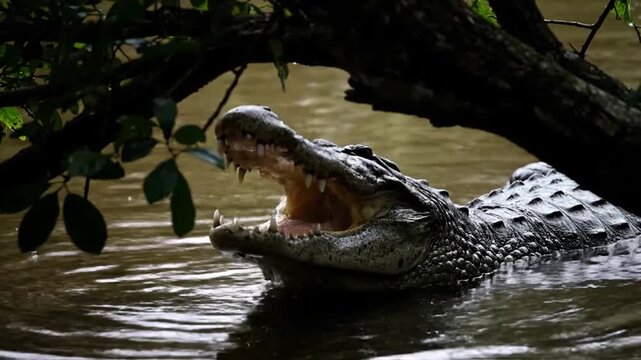 Large reptile emerges from murky water with mouth open