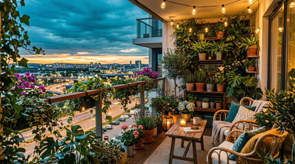 Fototapeta premium A biophilic balcony garden in a modern apartment, 