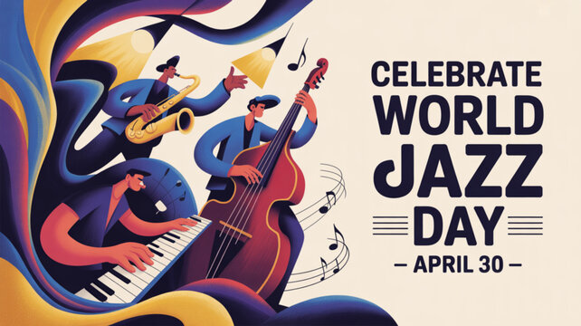 Jazz musicians celebrating world jazz day on april 30 with musical instruments and vibrant abstract design