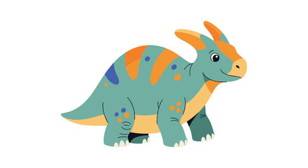 Fototapeta premium Cartoon parasaurolophus dinosaur with colorful spots and stripes walking in a friendly pose on a plain white background.