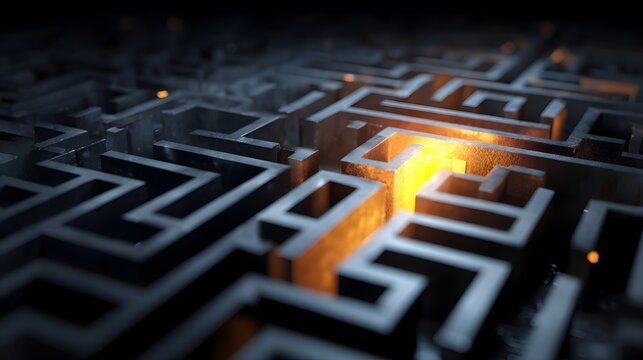 3D abstract maze with one highlighted path glowing, concept of finding the right solution