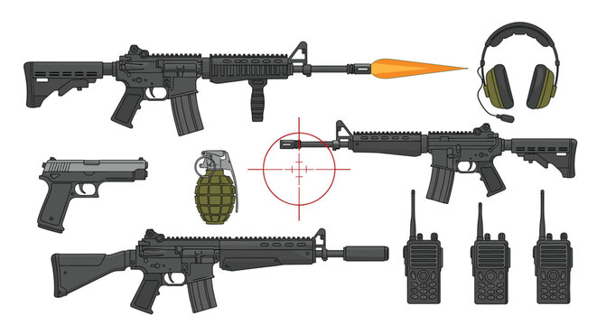 Collection of tactical gear and firearms including assault rifles, a pistol, grenade, radios, and ear protection.