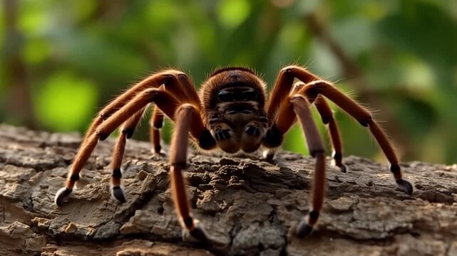 Brown spider on tree bark closeup.