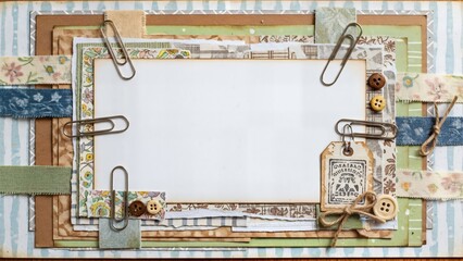 Fototapeta premium Vintage scrapbook frame with paper clips and ribbons, blank white space for photos, decorative background with floral patterns and textures