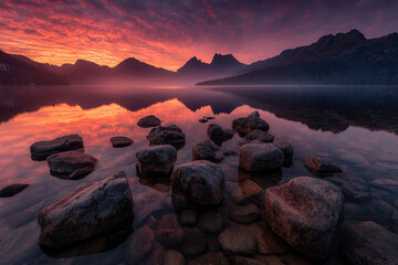 Sunset over a serene lake, with majestic mountains in the distance