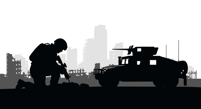 Soldier Kneeling with Rifle Beside Humvee in Ruined City Silhouette