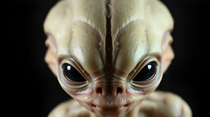 Close-up of a creature with an extraterrestrial appearance. The creature has a large, bulbous head with a prominent, vertical, ridged forehead, and a pair of large, dark, almond-shaped eyes