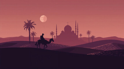 Naklejka premium silhouette-style desert scene at dusk, featuring a lone rider on a camel crossing sand dunes, with a grand mosque and palm trees in the background 