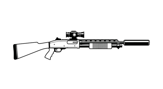 Tactical Shotgun with Silencer and Red Dot Sight, Vector Illustration
