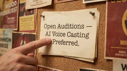 AI Ethics Creative Industry concept. Hand pointing to a notice board with an AI voice casting audition flyer.