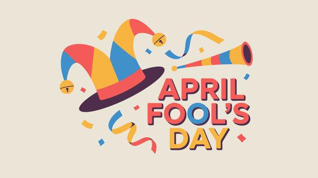April fool's day colorful jester hat and horn on beige background with confetti