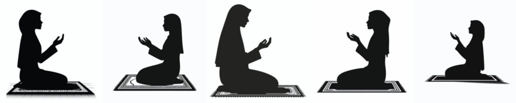 vector silhouette of a Muslim woman sitting on a prayer mat, praying gesture, hands raised side view