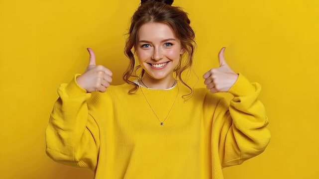 Cheerful woman wearing a bright yellow sweater gives a thumbs up with a smile in a vibrant yellow setting during daylight hours