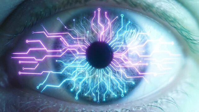 Ai eye technology scanning glow cyberpunk eye technology digital iris scan abstract biometric security neon circuit pattern reflection human eye future innovation cyber vision detail futuristic eye