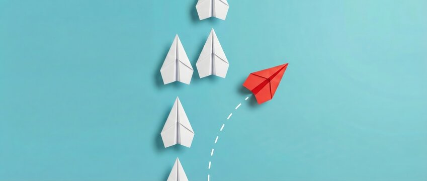 Innovative leadership action a red paper airplane taking off amidst white ones creative concept digital art light blue background inspired viewpoint