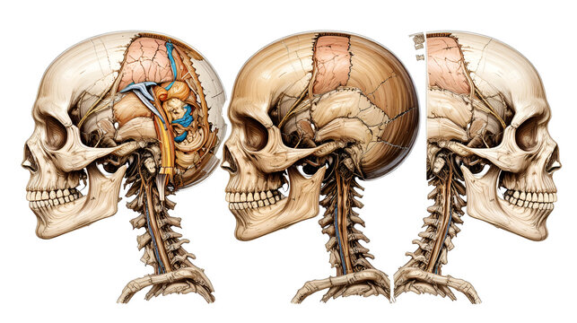 Side view skull series quadruple composition, detailed anatomy illustration, isolated on white background,skull, anatomy, human skeleton. Etherwood. Illustration