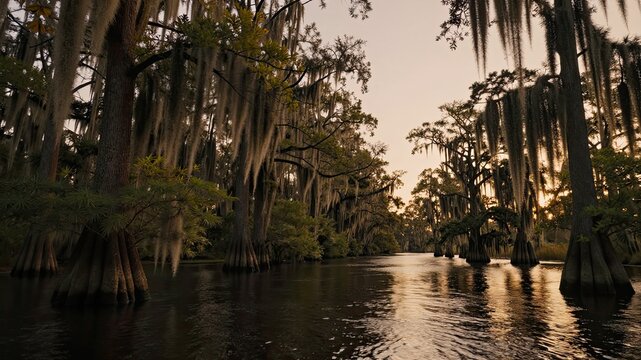 Cypress trees draped with Spanish moss reflected in calm bayou water at sunset