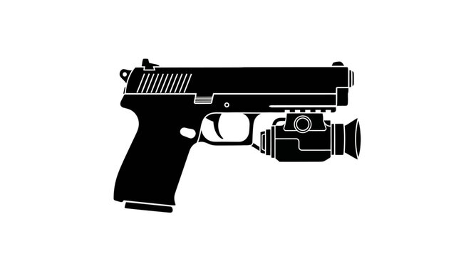Black silhouette of a handgun with a tactical flashlight attachment on a white background