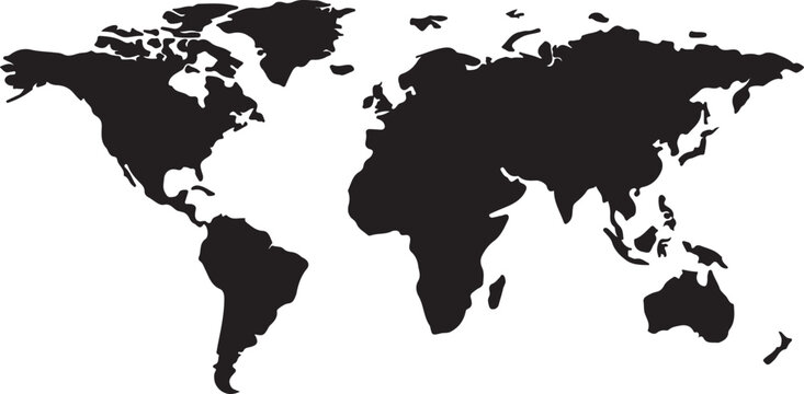 Black and white flat map on a white background globe continents